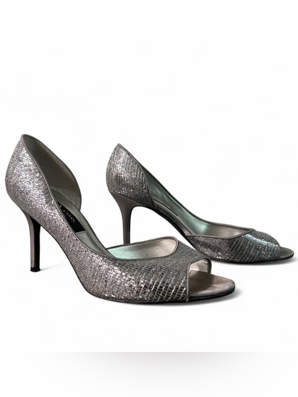 Nina Silver Metallic Peep-Toe Stiletto Heels